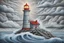 Placeholder: lighthouse in the storm in the style of alex grey with powder blues, light grey, and white