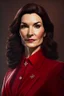 Placeholder: realistic Portrait of a woman in red power suit and dark brown hair. she looks like a mayor