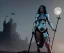 Placeholder: Rita ora, knight armor, long curly black hair, choker, holding sword, hands castle, moonlight