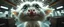 Placeholder: extreme close up on cheeky fluffy weasel mafia elf family scumbag in the style of Escher and Giger and Fallout 4, pinhole cam, airbrush 3d rendering, on tv screen:A five-second cinematic single take in a clean industrial presentation hall.