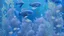 Placeholder: fish swimming in a garden of blue flowers, light blue lavender color, dark blue, detailed photo