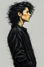 Placeholder: create a 3/4 profile, full body oil pastel of a dark haired, savage, dressed in black casual skate clothing, messy hair