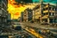 Placeholder: photo if an abandoned modern city center after apocalypse with an medieval castle on the right side. crumbling buildings, cracked ground and asphalt streets. car wrecks, fire and smoke everywhere, low saturated colors