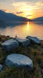 Placeholder: A 3 granite stones on a lake bank with barley and grass around the stones at sunset , great picture with high quality 4k