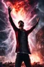 Placeholder: Young man standing, with arms raised with lightening coming from them, in front of an exploding building at night, with red auras around him