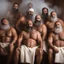 Placeholder: close up photography of a group of turkish and marocan 48 years old ugly chubby muscular men embraced, manly chest, covered with the towel at the hip, long beard, shaved hair, photorealistic, manly legs, manly arms, sitting in a steamy sauna, clouds of steam, side light