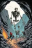 Placeholder: ,Digital illustration of horror genre comic book cover from the 1980s, giant larger than life skeleton picks up tiny humans as they try to run away from inside the cave, macabre, gorey, 1970 illustration art style, absurdist, conye.color pencils, ink, counter culture, dystopian, retro futuris. 90s riot girl look, punk aesthetics, collage, psychedelic, grime, textured, mixed media with a british pop culture influence, maximalism, feminist icon,