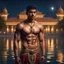 Placeholder: Hyper Realistic handsome Young shirtless muscular short hair Indian king standing in a lake outside traditionally beautiful Indian palace at night