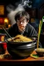 Placeholder: Angry Harry Potter use pot with chinese noodles beside the Hermione