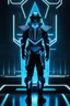 Placeholder: cyberpunk, neon blue, floating triangle of light behind the back, cyber armor, geometric patterns on an armor, male, orbiting triangle