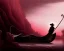 Placeholder: Charon the ferryman in his boat on the river Styx, red black purple colours, 8k, high definition, fantasy art, winding river, sharp jagged rocks, high contrast colours, sharp detail,