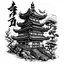 Placeholder: Black and white, tattoo sketch, Japanese traditional, traditional architecture, calligraphy