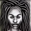 Placeholder: Paper. Pencil sketch art .the face of A young black woman. A wood nymph emerging from the forest. Her hair looks like vines. Dreadlocs. Her skin is the colour of dark soil. Her skin looks like tree bark. Her clothing is made of vines, grass and leaves.