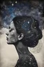 Placeholder: Double exposure of a female person's profile and a utopistic starry night sky, dramatic mood, dark depressive style, highly detailed intricate, surreal, stunning