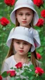 Placeholder: A little girl from Russia at the age of 7 years holds a lot of roses and puts them on her face, and she wears a white Bucket Hat, she puts the roses in front of her face, so her face does not appear, so her face does not appear,(Many Flowers: 1.2), Soft Light, Golden Hour, Upper Body, HDR, 8k, Natural Skin Texture, AO, Intricate, Highly Detailed, Sharp Focus, Crazy Detail, Intricate Detail, Highly Detailed ,The girl looked down