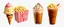 Placeholder: ice cream cones, sundaes, striped bag of popcorn, iced coffee drink with whipped topping. whimsical digital painting on white