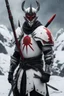 Placeholder: The character, depicted in a striking white armour against a wintry backdrop stands with his hands behind his back inside the scene, he has a red and black circular symbol on his chest like a shield, a black pointed spear with a red handle on his back, His eyes are showing a dynamic expression and he wears a black oni mask with white teeth covering the bottom part of his mouth he has brown shoulder pads and a white karate belt with a bag attached to it. He has dark brown hair. He has no helmet.