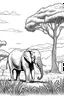 Placeholder: Feature an elephant, in a savannah setting, with a few acacia trees, clean line art, white background, no shadows, black and white coloring book.