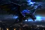 Placeholder: black dragon in flight city in the background at night