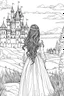 Placeholder: A girl standing of back pose in front of castle she wear a long frock and long hairs with crown and her horse for colouring book without face