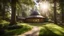 Placeholder: woodland path leads to large round cylindrical circular wooden church building, roof windows, conical roof, hobbit style, sunshine, peaceful, beautiful lighting, attractive composition, photorealistic, extremely detailed, chiaroscuro, rule of thirds, award-winning photograph