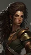 Placeholder: Fae warrior, Mahogany hair,big voluminous curls,two braided braids on the right,Dark brown eyes flecked with gold, right eyebrow with scar, beautiful, captivating face, black assassin clothing, two short swords, overall size