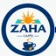 Placeholder: A circular logo with the name (ZAHA) designed for a cafe with the sun symbol and turquoise and indigo color and a coffee bean and a coffee cup at the bottom of the logo and a blue and black circle around the work