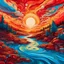 Placeholder: an abstract piece of artwork showing a sun rising behind eddies and a river, in the style of psychedelic realism, highly detailed illustrations, epic landscapes, crimson and azure, whistlerian, fluid, smokey background" Hyperrealistic, splash art, concept art, mid shot, intricately detailed, color depth, dramatic, 2/3 face angle, side light, colorful background"