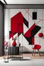 Placeholder: Create handpainted wall mural with abstract geometric forms in motion, inspired by Suprematism. Introduce a touch of red to add dynamism and intrigue to the composition.