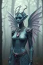 Placeholder: a photorealistic grey alien angel translucent transparent, surrealism, fog, octane render, cinematic, futuristic outfit, haute couture, exotic jewerly, blue pink, forest background