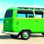 Placeholder: old Volkswagen partyvan, green color van, funny colored, partyvan on the beach, sunny beach, sunny weather, beach party, party people, party, realistic, ultra high quality, unreal engine, cinematic,