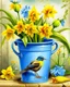 Placeholder: Gemini prompt: A beautiful watercolour painting of a bunch of daffodils in a vintage blue bucket. A robin bird stands beside the flowers. Blurred back ground. Hyper-realistic hyper-vibrant
