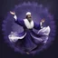 Placeholder: Hyper Realistic Sufi Whirling with Purple & White, Islamic Sufi Rustic Grungy navy-blue Patterned-Background at night with black fog & mini feathers around