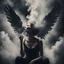 Placeholder: woman sitting forward Her face upward and blows cigarette smoke from their mouth upward. a figure with wings emerging from its back. behind the clouds of smoke look death. dark and mysterious