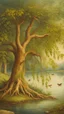 Placeholder: Bosch painting style , old willow tree by the river , a lovely ducks is swimming in the river