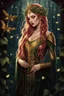 Placeholder: Burgundy hair, dark hair,dark red , rapunzel hair,very long hair,dark fairy princess,elven crown,night,dragonflies,beautiful,ong ashes,golden armor ,sparkle,night blooming,ivy,dark green,lilly of valley,golden elven crown,elven warrior,dark gold armor