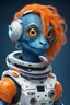 Placeholder: Astronauta reptil color azul, con ojos grandes, cabello anaranjado y con accesorios tecnológicos. Plano lejano. Universo de fondo.