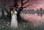 Placeholder: Creepy Night, trees, one woman in white dress, lake, pink flowers, gothic horror and disturbing influence, hans am ende and philipp franck impressionism paintings