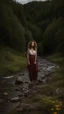 Placeholder: full body shot of a very beautiful lady curly hair, walks in the country side with a narrow river with clean water and nice rocks on floor. The trees and wild flowers .