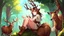 Placeholder: One Girl, forest, sit , deer hoof foot, brown hair,, deer face, deer tail, deer hoof hand