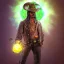 Placeholder: Insanely detailed photograph of an “ a mustachioed midevil cowboy warrior "with worn Sombrero, handsome charo,cigar,glowing bluish green orb in outstretched hand, hyperdetailed painting by Ismail Inceoglu Huang Guangjian and Dan Witz CGSociety ZBrush Central fantasy art album cover art,8K, hdr, mysterious, flickeringlights ,Stoic