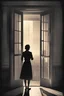 Placeholder: Movie poster, a woman overlooking Paris from her balcony behind her is a door and shadow figure watching her, light rays coming from the room and fading to darkness text on the floor saying "Just leave"