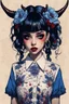 Placeholder: wears a smart shirt which is embroidered with bluered flowers and ornaments, has dark eyes and horns,Poster in two gradually, a one side malevolent goth vampire girl face and other side the Singer Melanie Martinez face, full body, painting by Yoji Shinkawa, darkblue and sepia tones, 90's movie , un pixel art , for a retro gaming 2D style,