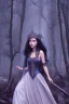 Placeholder: A princess in a dark indigo dress and very long black hair walks through a dark forest full of trees with her knight