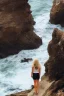 Placeholder: blonde woman standing at the edge of a cliff waves crashing against the rocks below