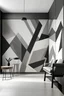 Placeholder: Create handpainted wall mural with dynamic triangles intersecting and overlapping, capturing the essence of Suprematist geometry. Use shades of gray to create depth and dimension."