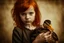 Placeholder: Beautiful golden red hair girl holding duck portrait in ochre, moody, somber, desaturated colors