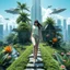 Placeholder: Highly detailed and intricate 3D fractal recursive art, featuring a single young woman/girl wearing fashionable modern clothing, walking directly towards the camera through a lush, futuristic villa garden. The garden is part of a larger technologically-advanced city, with towering skyscrapers and floating vehicles visible in the background. The garden itself is a verdant oasis, with exotic flora, flowing water features, and a seamless integration of natural and artificial elements. Holographic