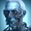 Placeholder: A vintage portrait of an old cyborg man blue color scheme, high key lighting, volumetric light high details psychedelic background