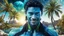 Placeholder: beautiful gorgeous young man na'vi with long hair, Avatar, blue skin, two small ears, green eyes, black hair, in cosmic suit, galactic ambiance, medium pointy goatee , smiling, with spaceship and planets and palm trees and clear crystaline cosmic beach in background